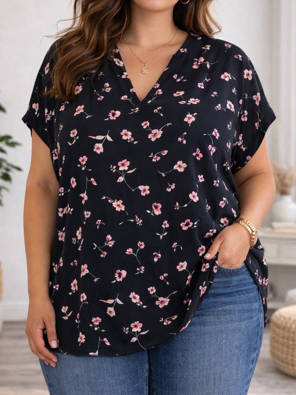 Papermoon Womens Black V-Neck Blouse Pink Floral Print Boho Chic Romantic